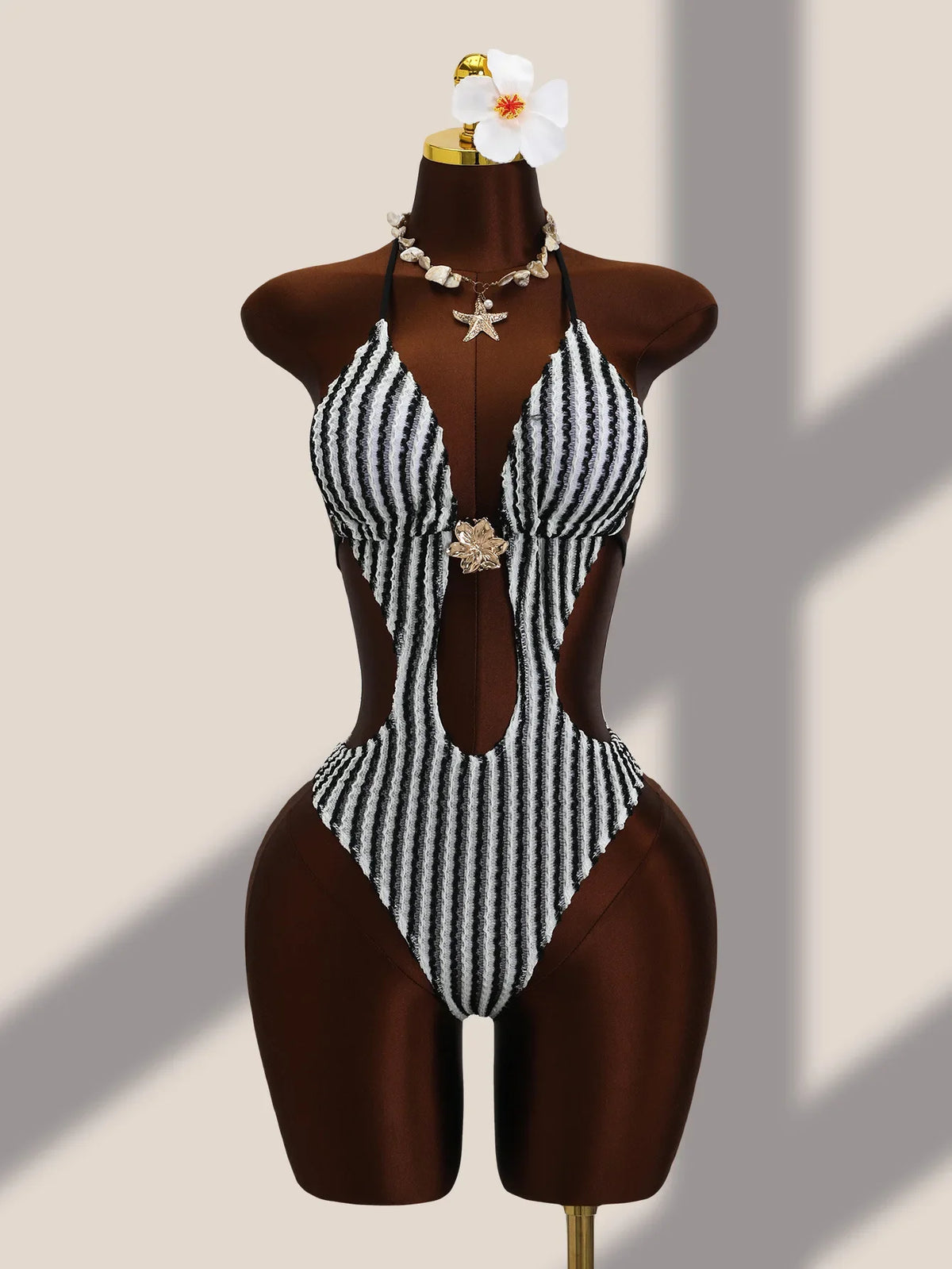 Vintage Black Striped One Piece Swimwear Women 2026 3D Metal Flower Hollow Out Backless Beach Holiday Bathing Suit Swimsuit