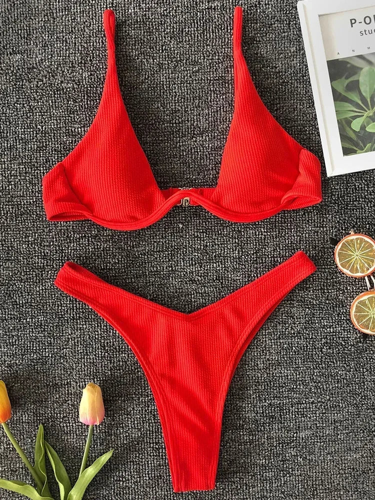High Cut V-bar Underwired Bikini Women Swimsuit Female Micro Thong Swimwear Two-pieces Bikini Set Push Up Bathing Suit Swim Lady