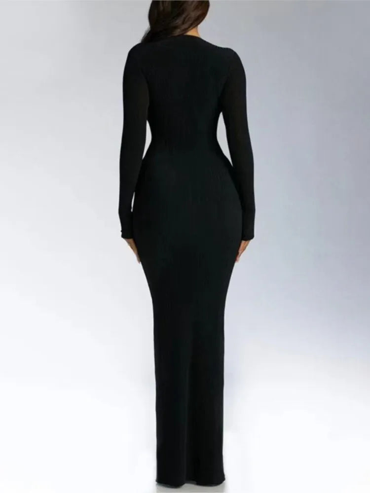 Trendy Solid Color Slim Long Dresses Women Sexy Deep V-neck Hollow Out Leace-up Package Hip Bodycon Party Dress Female Vestidos