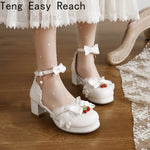 Women's White Pink Bowknot Single Sandals Ruffles High Heels Girls Student Mary Janes Lolita Party Dress Shoes Size 32-48 French