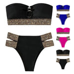 2Pcs/Set Women Bikini Set Ring Connection Off Shoulder Bathing Suit Elastic Waistband Backless High Cut Lady Beach Bikini Suit