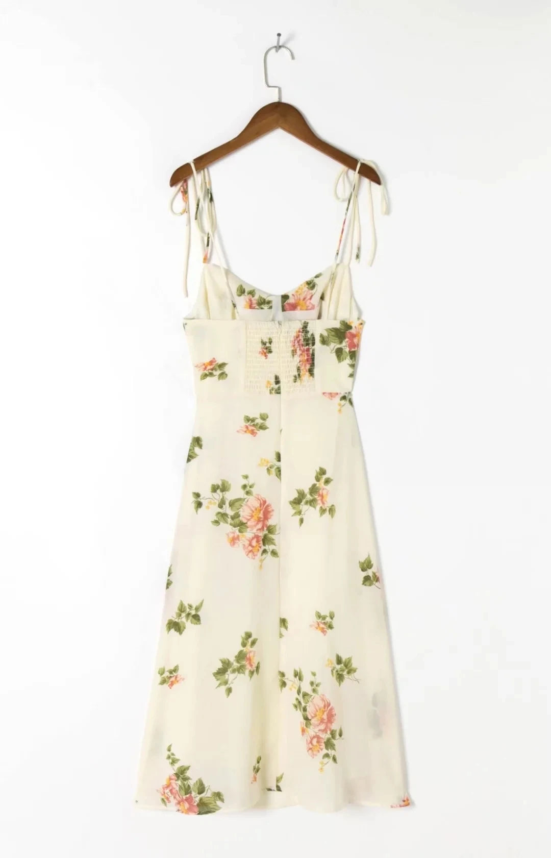 Spaghetti Strap Lace Up Beige Chiffon Summer Dress Sexy Slip Midi Sleeveless Dress Robe Big Flower Print Women Beach Dress Boho