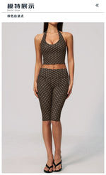 New Summer Women White Polka Dot Print Yoga Sets Hanging Neck Slim Sport Vest High Waist Mid Pants Gym Two-piece Workout Clothes