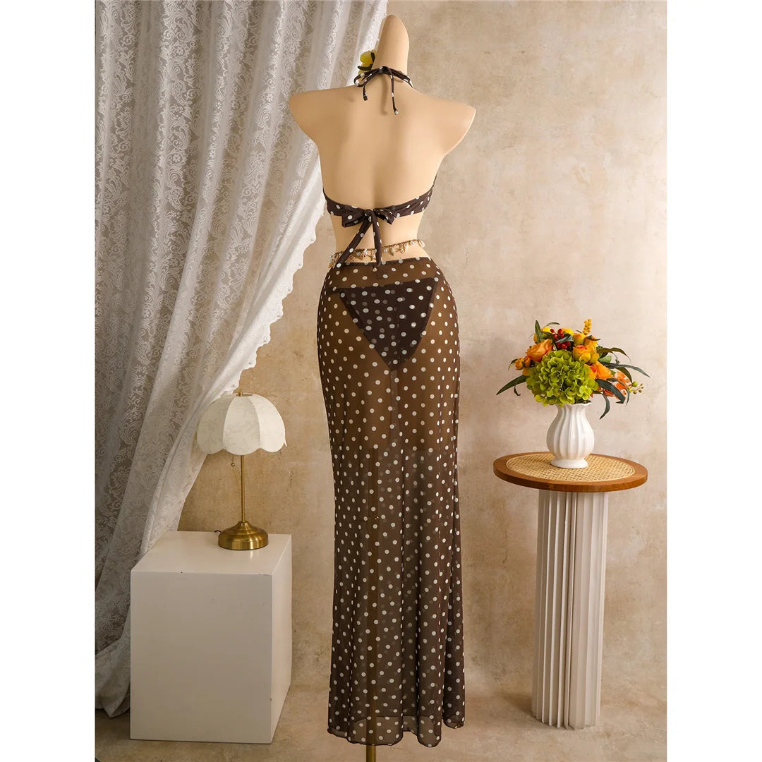 Polka Dots With Skirt Halter Shell Bikini Women Swimwear Female Swimsuit Three-Pieces Bikini Set Bather Bathing Suit Swim V8313