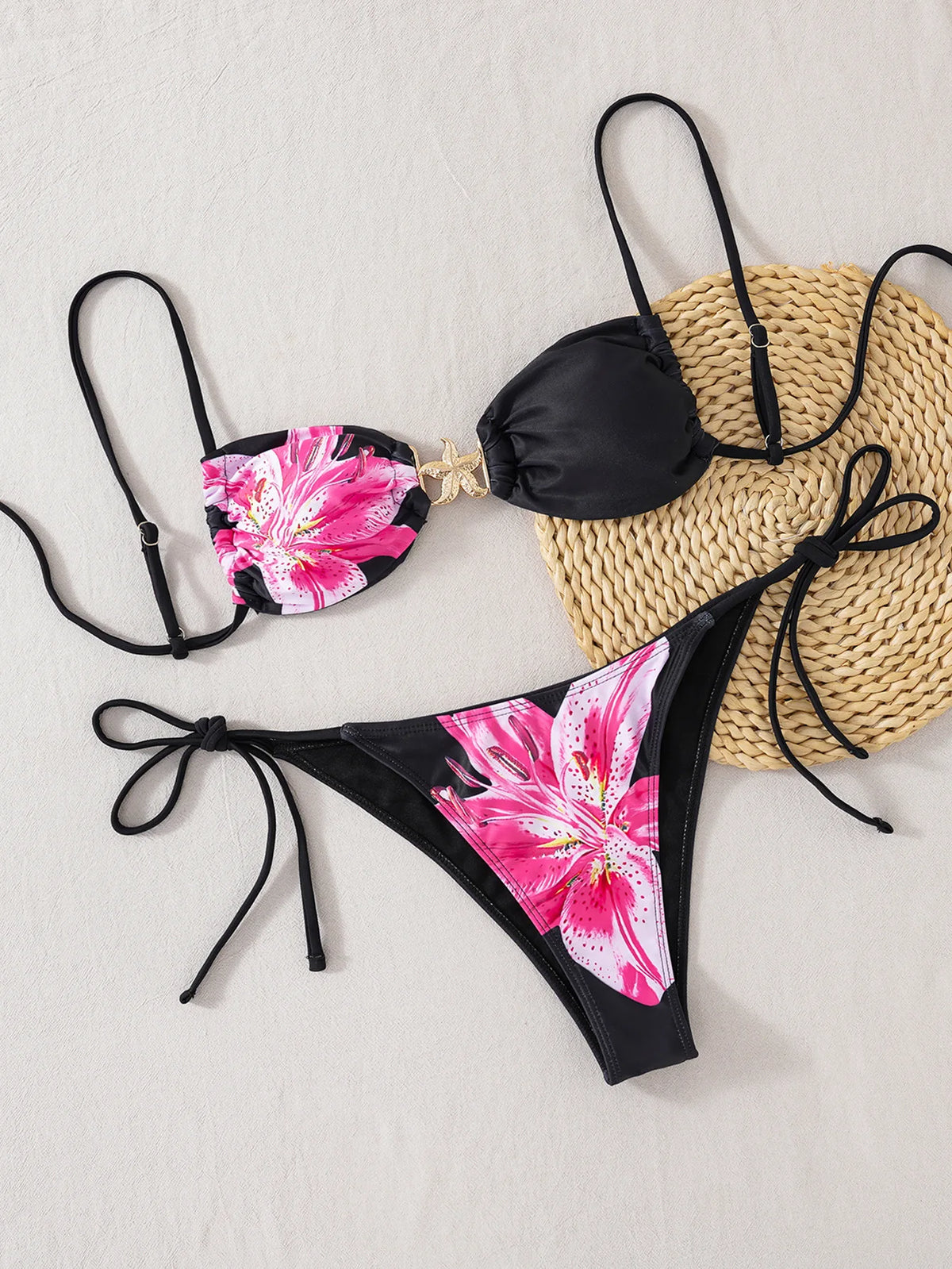 New Sexy Women's Bikini Set - Adjustable Tie Side Bandage Triangle Top & Low Rise Bottom with Starfish Metal Drawstring Summer
