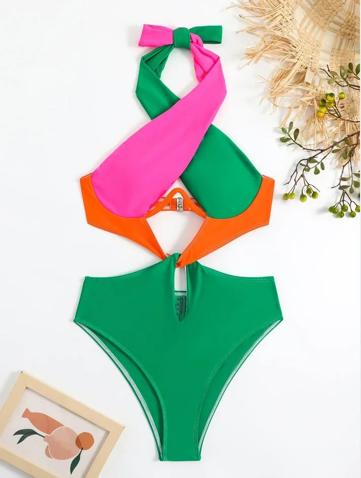 Sexy Constrast Color Swimwear Women Halter Cross Underwire Cut Out One Piece Swimsuit Bathing Suit Hot Pink Patchwork Bikini