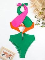 Sexy Constrast Color Swimwear Women Halter Cross Underwire Cut Out One Piece Swimsuit Bathing Suit Hot Pink Patchwork Bikini
