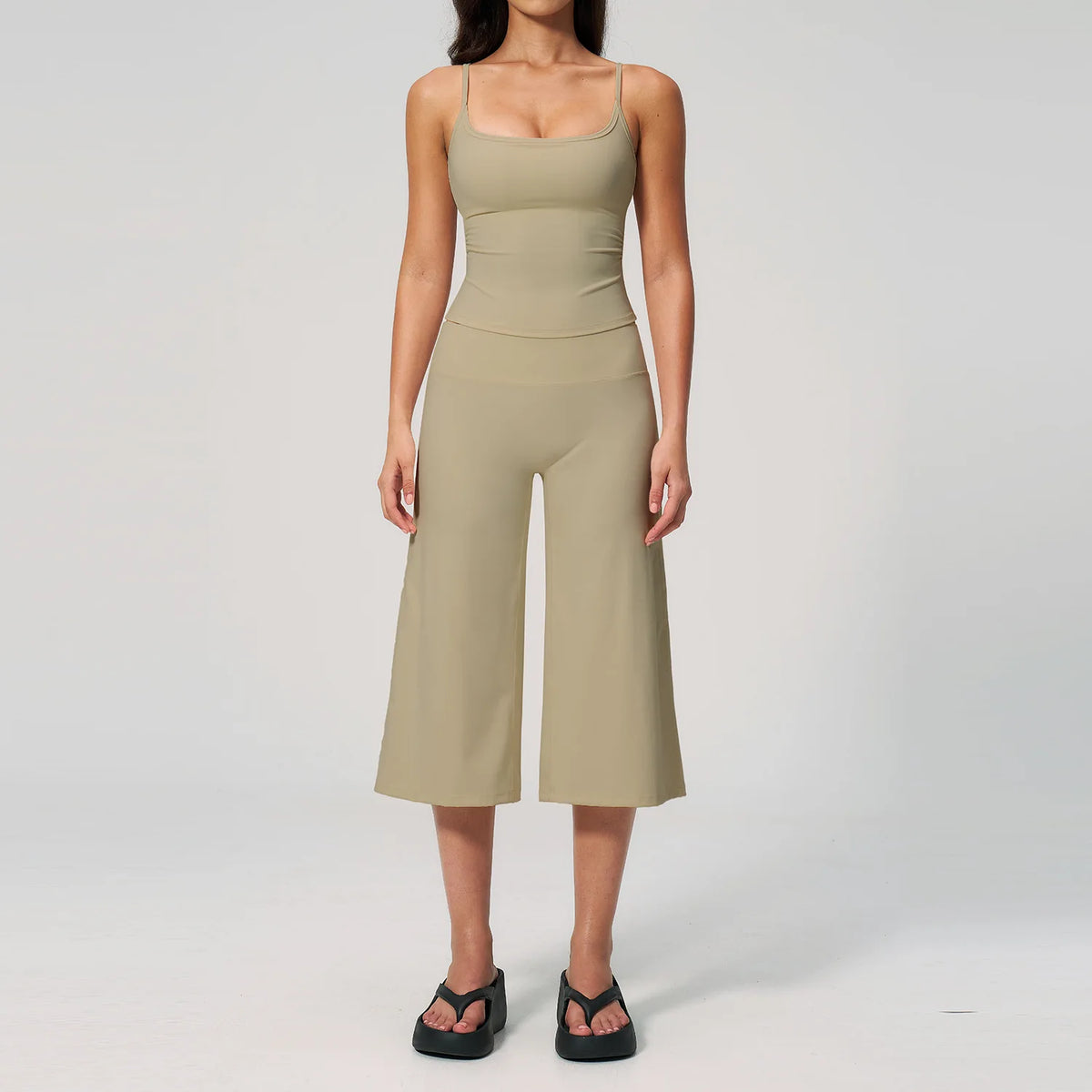 Gym Workout Yoga Sets Women Square Neck Slimming Sports Tank Top Fitness Gym Suit Outdoor High Waist Flare Pants Two-piece Set