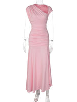 FDYOUI 2026 Summer Diagonal Collar Sleeveless Birthday Dress Women Sexy Tunics Pleated Solid Long Party Dresses Pink Black Gown