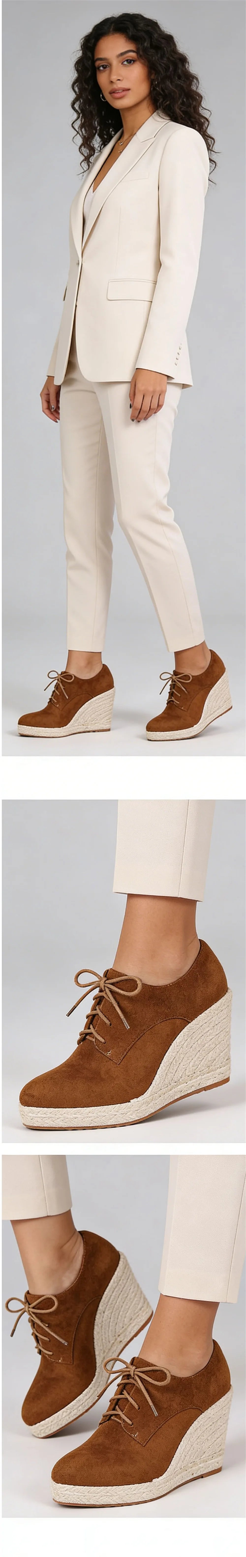 2026 Big Size 43 Vintage Brown Black Pointy Toe Lace-up High Heels Espadrilles Pumps Comfy Walk Office Lady Wedges Shoes Women