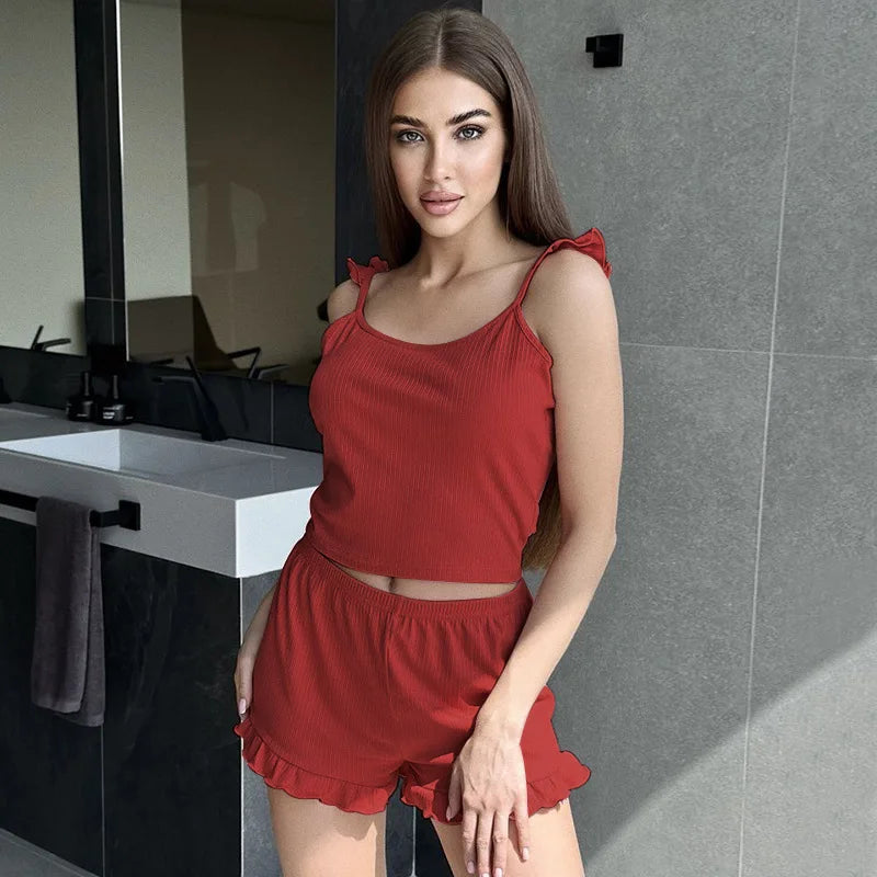 Womens Ribbed Pajama Set Ruffle Strap Cami Top and Shorts Two Piece Sleepwear Cute Summer Loungewear Lettuce Trim Sexy Outfit