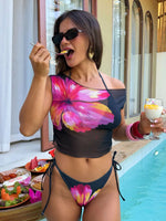 Vintage Black Floral Print Bikini Set 2026 Women Short Sleeve Cover Up 3 Piece Swimsuit Holiday Bathing Suit Triangle Swimwear