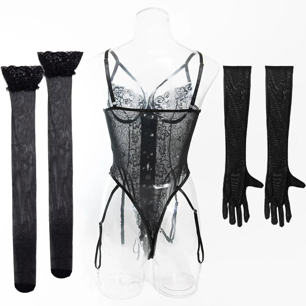 Sexy One Piece Bodysuit Lace Hollow Out Jumpsuit Women Erotic Lingerie Men's Beach Shorts