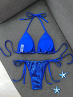 Shiny Sequin Blue Bikini Set 2026 Women Sexy Halter Push Up Bra Bandage Thong Swimsuit Beach Bathing Suit Hoiday Micro Swimwear