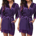 WomenElegant Lightweight Black Satin Robe with Delicate Lace Trim Perfect for Lounging Sleepwear or Bridesmaids