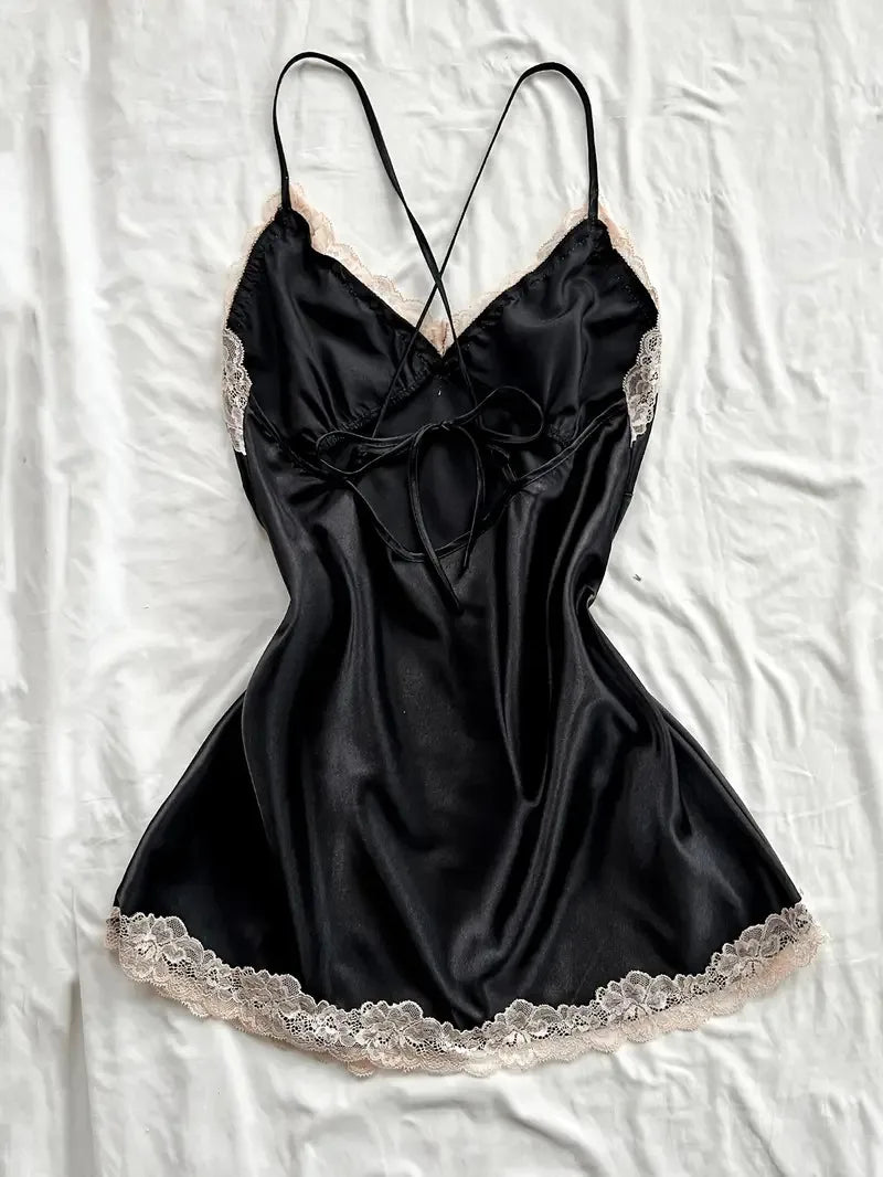 V-neck Lace Camisole Nightgown Hot Backless Sexy Women Sleepwear Short Silk Sleep Shirts Elegant Pajamas Lingerie Night Dress