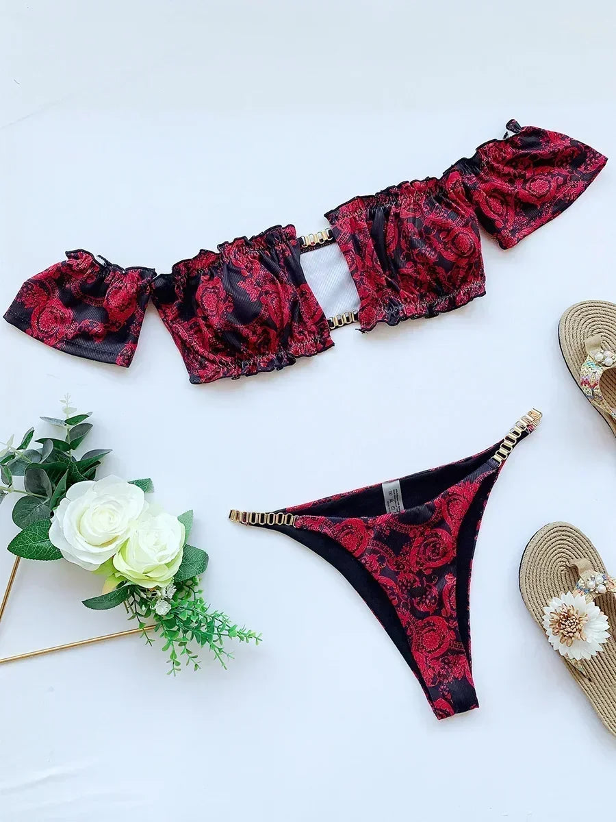 Cherry Print Off Shoulder Bikini 2025 High Cut Swimsuit Women Female Brazilian Swimwear Two pieces Bikini set Bathing Suit Swim