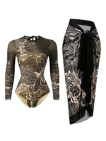 2026 Printed Mesh Swimsuit One Piece & Beach Dress Long Sleeves Swimwear Women Bathing Swimming Swim Suit Padded Beachwear