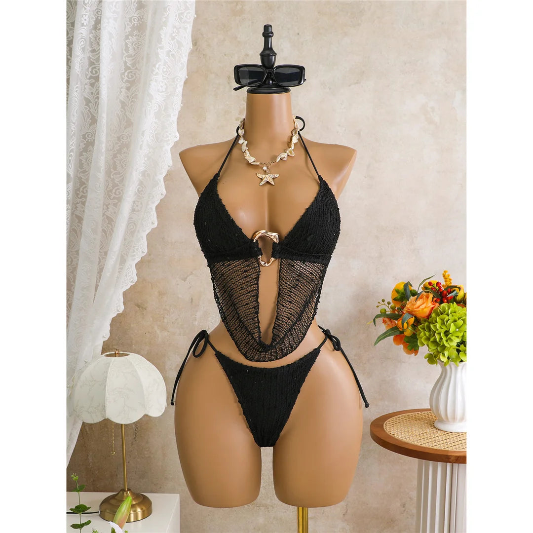 New Hollow Out Tankini Halter Bikini Female Swimsuit Women Swimwear Strappy Bather Bathing Suit Swim Two-pieces Bikini set K8076
