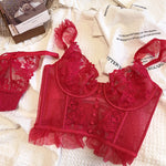 French Sexy Lingerie Set Women Ultra Thin See Through Embroidery Lace Bra & Thong Push Up Underwear Shaping Camisole Set MOYISU