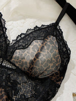 French style leopard print mesh sheer nightgown, sexy lace-edge deep V strap nightgown with T-shirt two-piece set ZA825233