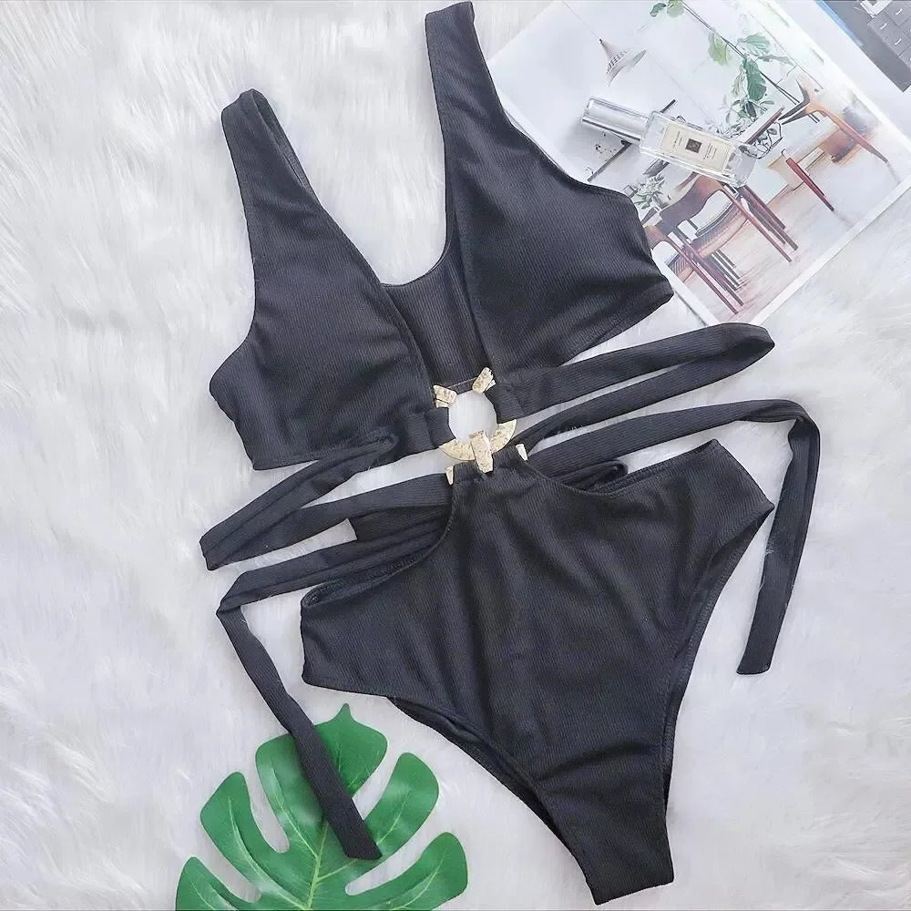 4 Colors New Sexy One Piece Swimsuit Swimwear Women Deep V-neck Hollow High Waist One-piece Bathing Suit Beachwear Metal Hoop