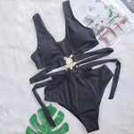4 Colors New Sexy One Piece Swimsuit Swimwear Women Deep V-neck Hollow High Waist One-piece Bathing Suit Beachwear Metal Hoop