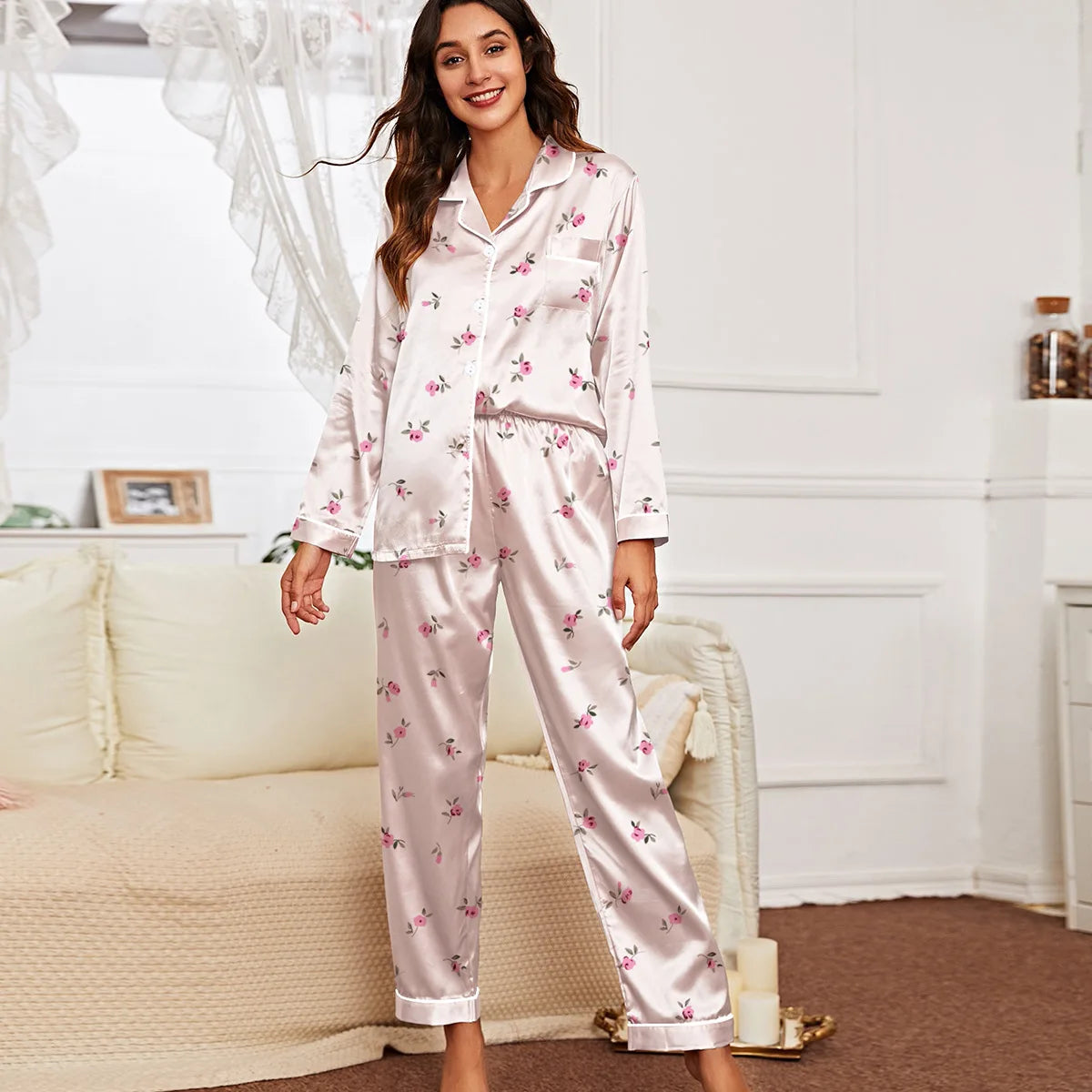 Spring and autumn long-sleeved trousers cardigan home wear set imitation silk women's pajamas can be worn outside