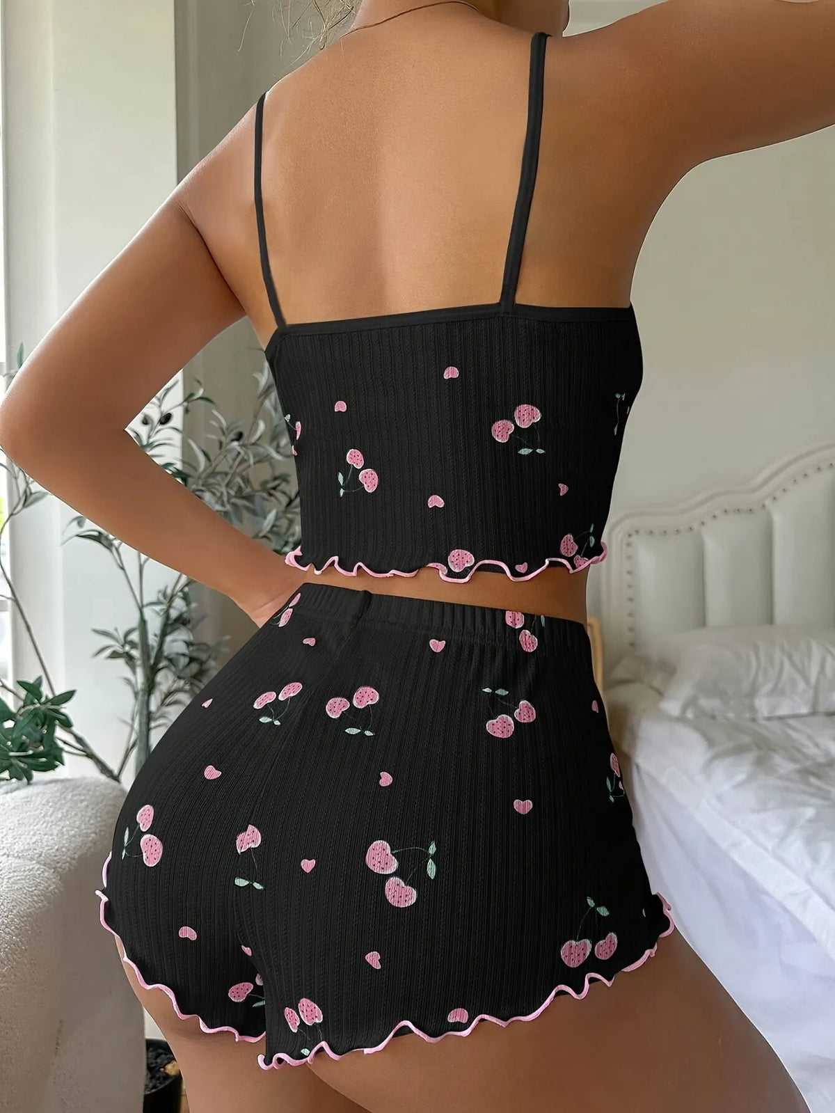 Women’s Cherry Print Pajama Set Ribbed Cami Crop Top and Ruffle Shorts 2 Piece Summer Sleepwear Loungewear with Pink Bows