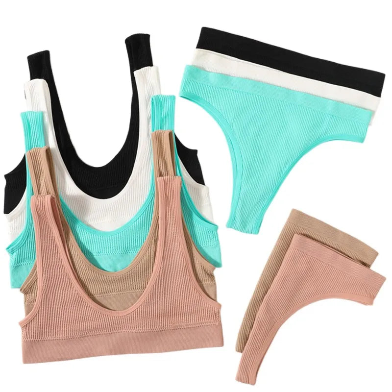 Women Seamless Bra And Panties Set Wire-Free U-Neck Small Cup Push-Up Bra Low-Rise Thongs Sexy Lingerie Female Underwear Set