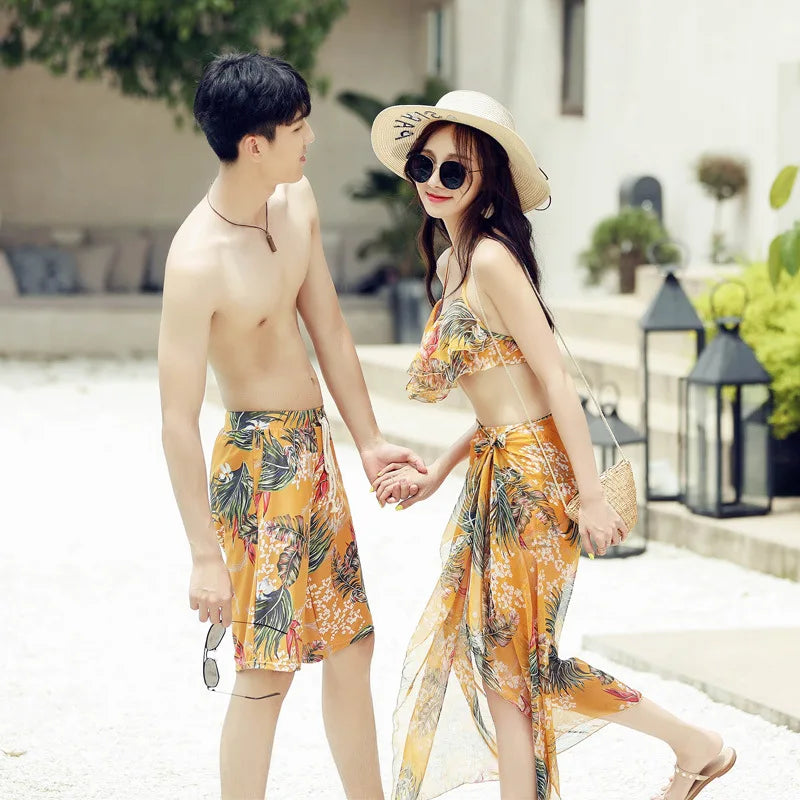 Swimsuit Fashionable Sweet Couple Swimsuit Bikini Three Piece Men's Beach Shorts