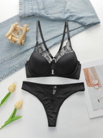 Ladies' Black Front Dutton Beautiful Back With Steel RingLlace Sexy Bra Underwear Thong Underwear Set