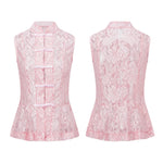 2026 Summer Women's Retro Lace Tops Elegant Mandarin Collar Chinese Frog Buttons Peplum Sleeveless Vest Blouses