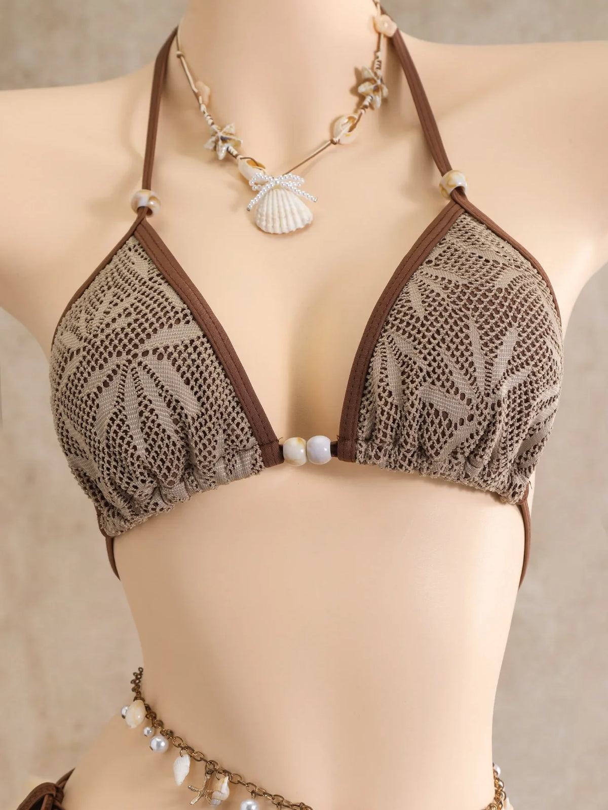 Vintage Coffee Leaves Print Mesh Skirt 3 Piece Bikinis Sets 2026 Women Beach Pearls Push Up Thong Swimsuit Bathing Suit Swimwear