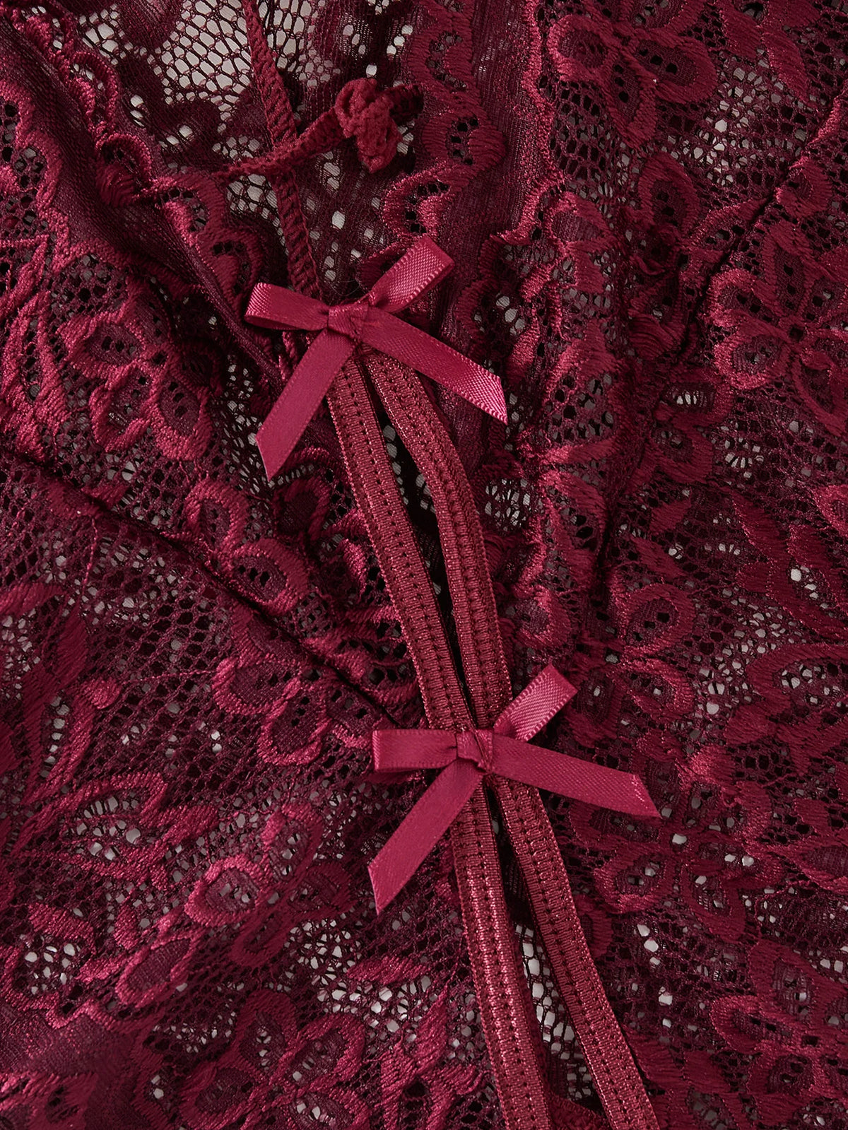 Date-specific Deep V cut WineRed lace one-piece dress. Lightweight sheer cross-strapped women's sexy lingerie set.