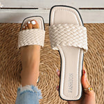 Classic Plus Size Woven Slippers for Women Summer Square Toe Low Heel Slides Sandals Woman Outdoor Pu Leather Beach Flip Flops