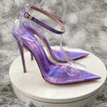 Laser Purple Women Sexy Summer Sandals PVC Pointed Toe Shoes 2023 Newest Slingback Shoes Thin Heels Party Ankle Buckle Ladies