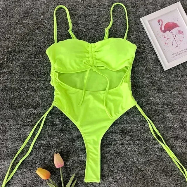 Neon Green Tummy Cut Out Female Swimwear One Piece Swimsuit Women Thong String Monokini High Leg Cut Bathing Suit Swim Bodysuit