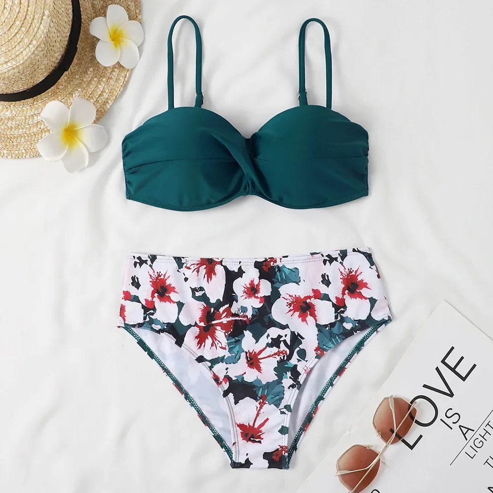 Print Bandeau Bikini Swimsuit Women Push Up Bikini Set Swimwear Female High Waisted Bathing Suit Beach Wear Brazilian Biquini