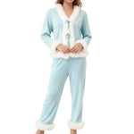 Womens Fall Winter2 Pieces Pajamas Set Bow Tie Front Furry Trim V Neck Long Sleeve Tops and Pants Christmas Lounge Wear