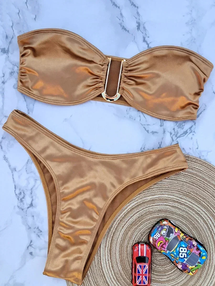 Bandeau Bikinis 2025 Strapless Satin Bikini Female Swimsuit Women Swimwear Two-pieces Bikini Set High Cut Bathing Suit Swim Lady