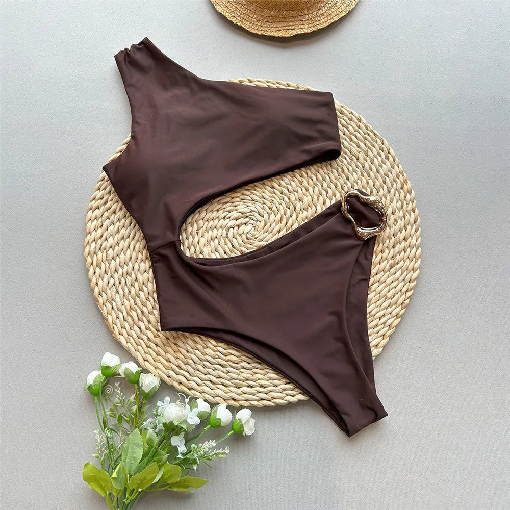 Dark Brown One Shoulder Solid Swimwears Sexy Swimsuit Women One Piece 2026 Hollow Out Monokini Metal Ring Bathing Suit Bodysuit