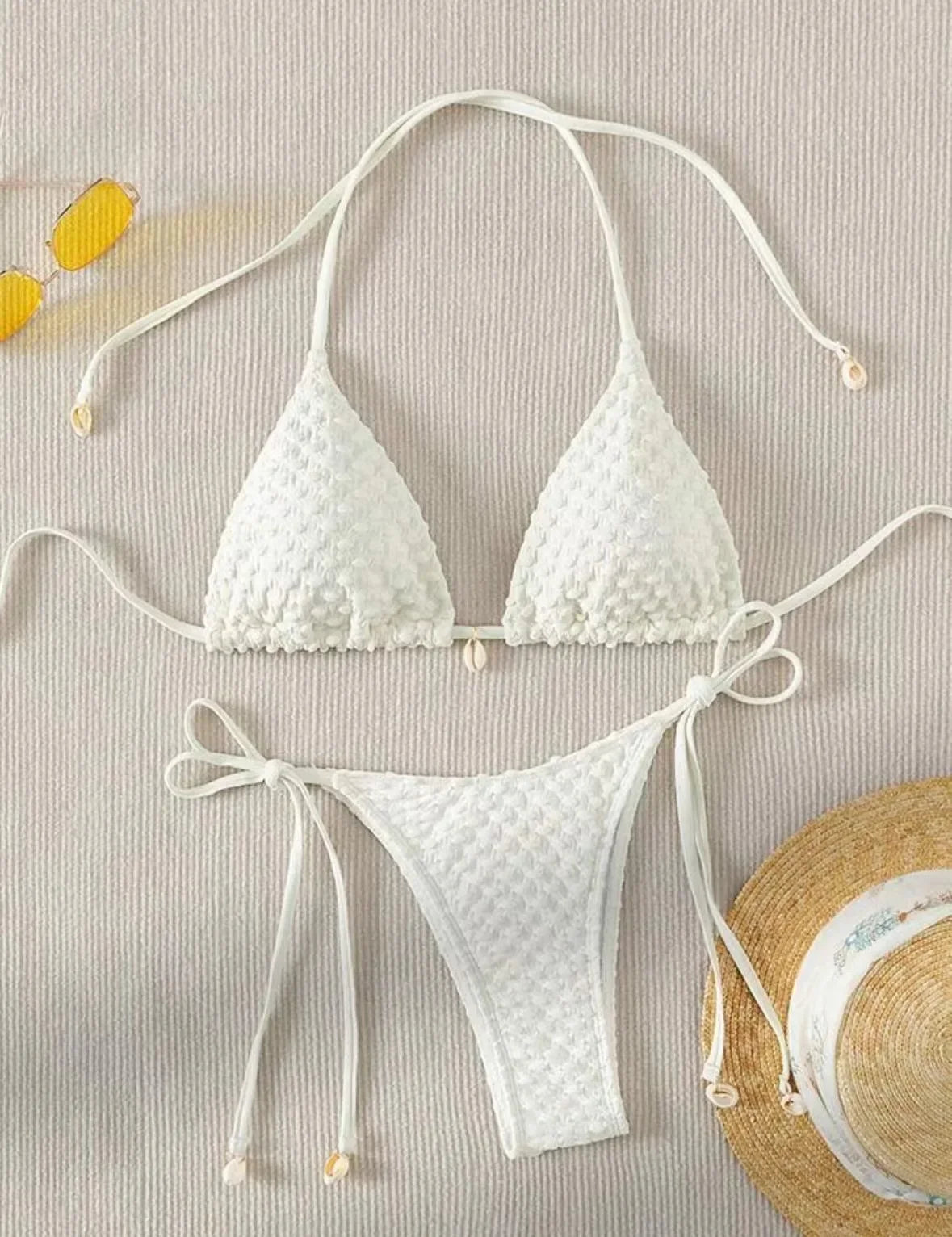 Sexy White Bikini 2025 Women Halter Lace Push Up Metal Designer Micro Swimsuit Brazilian Bathing Suit Tie Side Thong Swimwear