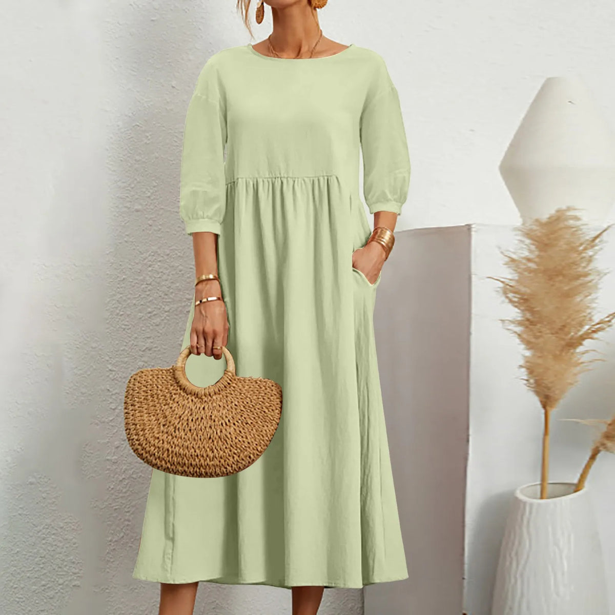 Womens Casual Summer Cotton Dress With Pockets 3/4 Sleeve Loose Midi Shirt Dress Women Dresses With Short Sleeves Vestidos