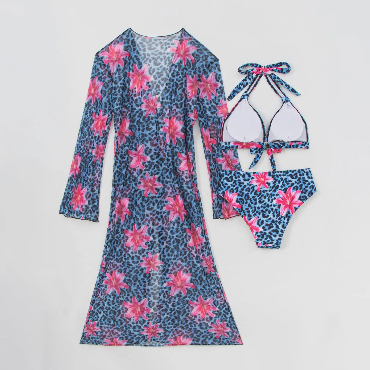Blue Leopard Print Bikini Set Large Size Women Front Tie Push Up High Waist Swimsuit 2026 Long Sleeve Cover Up 3 Piece Swimsuit