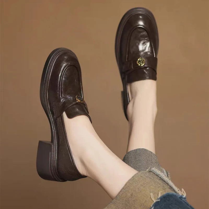 Retro Leather Thick Bottom Slip-On Loafers Women's Shoes round Toe Flat Heel Summer Pure Color Rubber Sole Comfortable Footwear