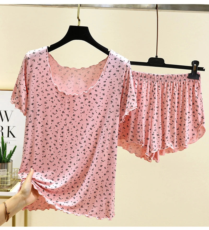 Chic Modal Floral Print 2Pcs Set Soft And Breathable Short-Sleeve Top And Shorts Loose Relaxed Fit Women's Sleepwear Homewear