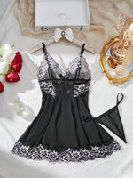 Contrast Black Sexy Lingerie Women Underwear Transparent Sleepwear Lace Nightdress And Thongs Pijamas Sets Female Sexy Nighty