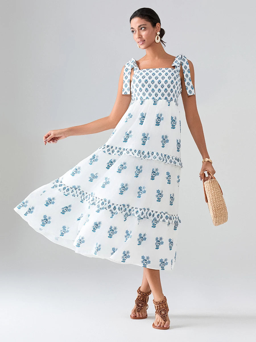 Flower Print Tie Strap Swing Dress Women A-Line Square Neck Tiered Ruffled Summer Bohemian Beach Long Tank Dress