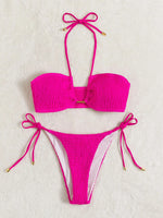 Halter Tie Side Pleated Smocked Bikini Women Bandeau Swimsuit Female Swimwear Two Pieces Bikini Set Bathing Suit Swim Beach Wear
